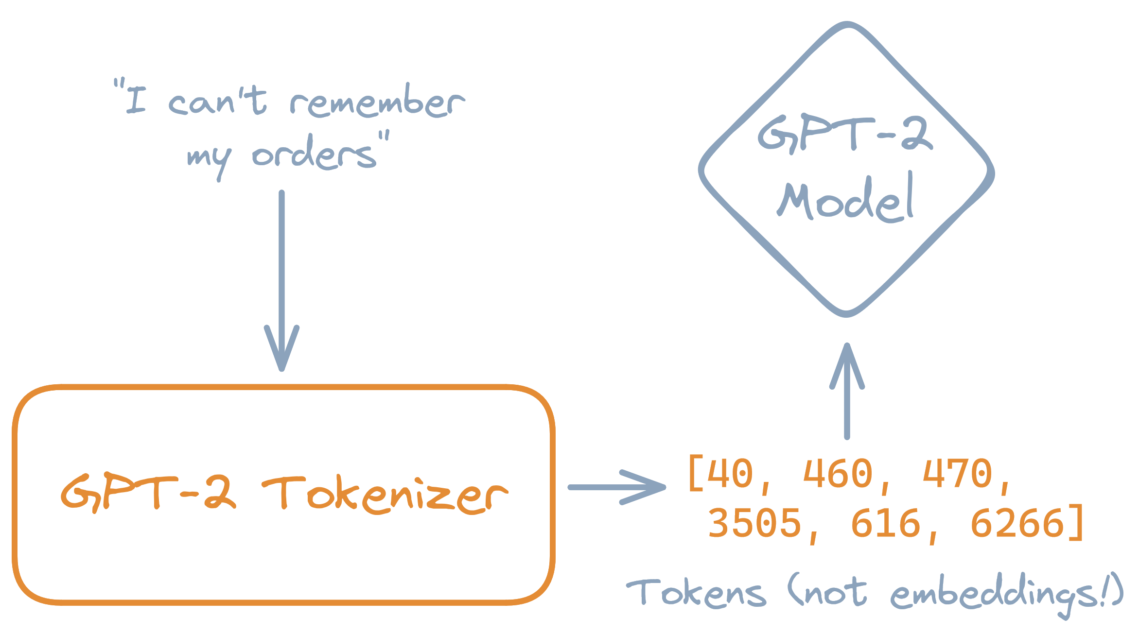 Diagram showing the preprocessing step of "tokenizing" text before running the GPT-2 model